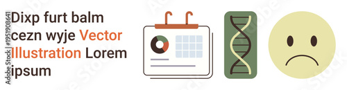 Data organization, genetic research, emotional states, healthcare, visualization, scientific analysis. Calendar, DNA helix sad face and text elements . Data organization and genetic research