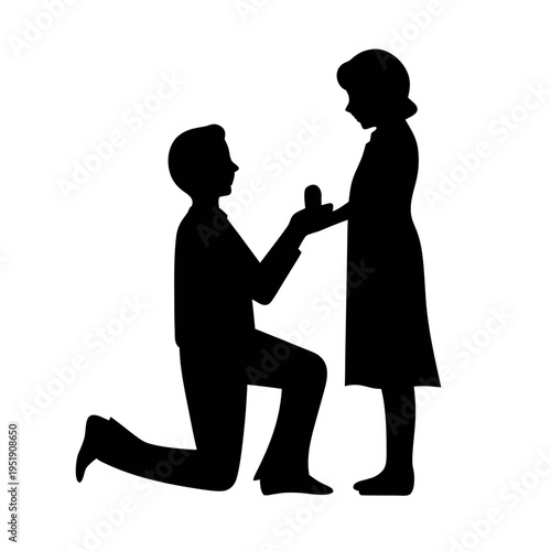 Marriage proposal silhouette vector illustration of man proposing to woman with ring for love concept