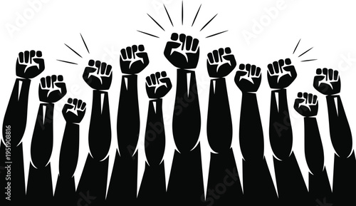 Many clenched fists in black and white graphic style represent strong collective action and determination
