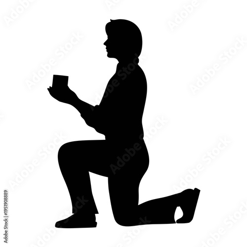 Silhouette of man proposing marriage with engagement ring vector illustration design art work