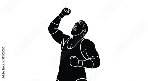 A black-and-white illustration of a muscular man with his fist raised in a powerful gesture against a clean white background.