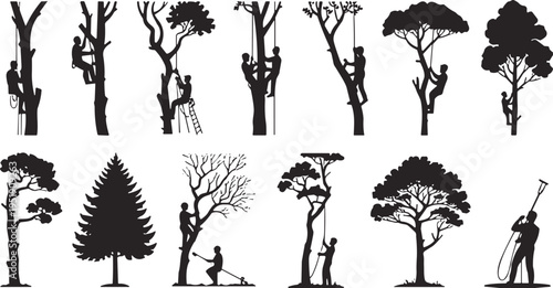 Tree trimming silhouettes, arborist activity icons, climbing rope figures, ladder canopy design, chainsaw pole saw graphic, tree maintenance set, forestry outline