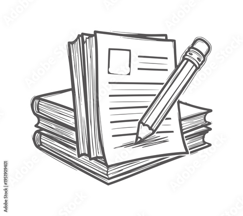 Black and white of pencil resting lined paper and books stack