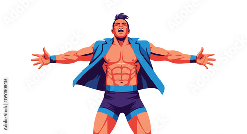 Full-body illustration of a muscular cartoon man with arms outstretched in a dynamic pose against a clean white background.