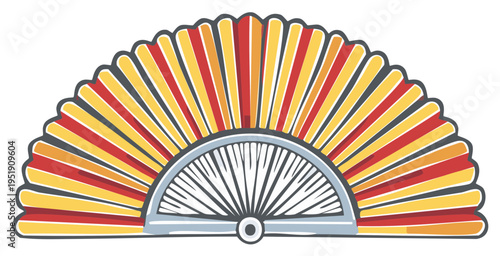 Elegant Hand Fan Illustration with Orange Red and Yellow Design on White
