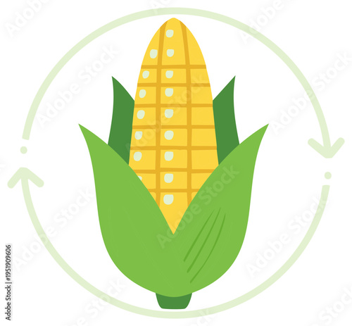 Cartoon corn illustration with a recycling or circular process design concept.