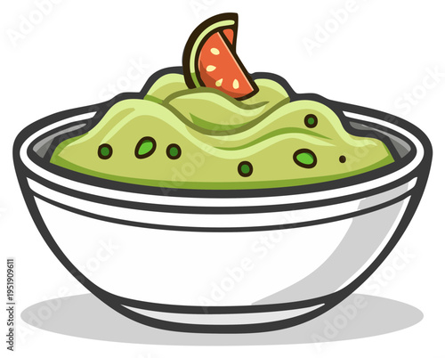 Delicious creamy avocado guacamole dip served in a white bowl with a tomato slice garnish