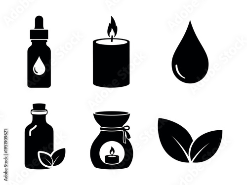 Aromatherapy icons – essential oil bottles, candle, oil burner, water drop and leaves – wellness vector