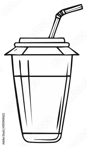 Simple black and white line art illustration of a takeaway drink in a cup with a lid and straw