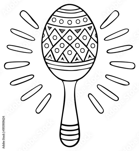 Black and white illustration of a festive maraca with radiating lines for sound effect representing music and celebration