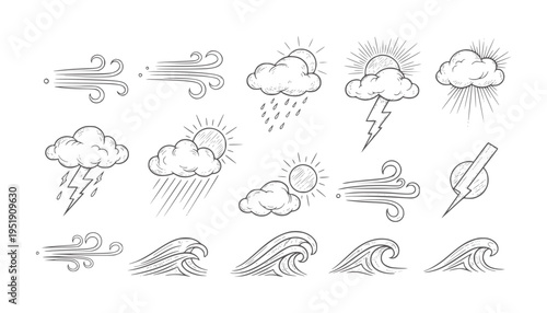 Hand drawn black and white weather and wave collection waves clouds rain