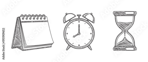 Hand drawn calendar alarm clock and hourglass representing time