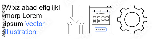Digital services, automation, process optimization, user interface design, subscription management, online tools. Download icon, calendar and gear symbol. Digital services and automation concepts