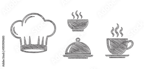Hand drawn chef hat bowl and steaming cup