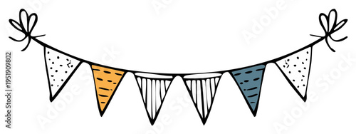 Hand-drawn bunting garland with colorful flags, sketch style, for celebration