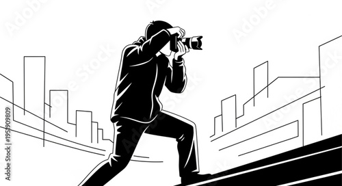 Silhouette of a photographer taking a picture with a camera.