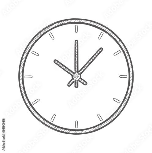 Hand drawn of a round analog clock face with ticking hands time handdrawn outline