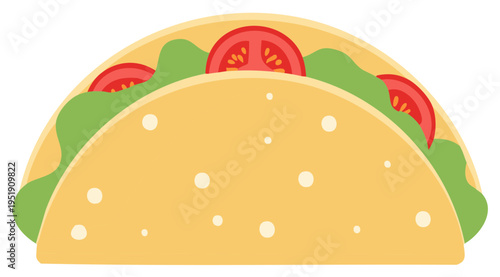 Delicious Taco with Fresh Lettuce and Sliced Tomatoes Flat Illustration