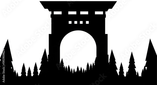 Silhouette of a Traditional Japanese Torii Gate Surrounded by Pine Trees.
