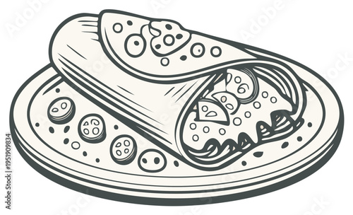Tasty Burrito with Ingredients Outline on a Plate Traditional Mexican Food Dish Vector Illustration