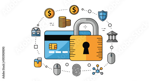 Conceptual artwork depicting secure online financial transactions with a padlock money and bank symbols surrounding a credit card representing the protection of personal financial data and