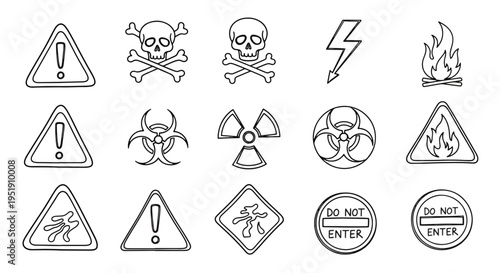 Collection of Graphic Hazard Icons Depicting Warning Danger and Caution Scenarios Symbolizing Various Risks and Potential Threats in Order to Promote Safety and Awareness in Different Situations