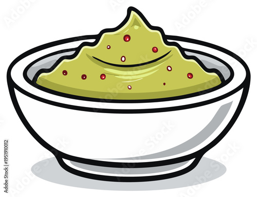 Bright green avocado sauce in a white bowl, an appetizing portion for Mexican cuisine, an animated illustration for cookbooks and websites