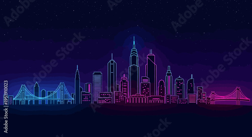 A futuristic city skyline at night with neon lights.