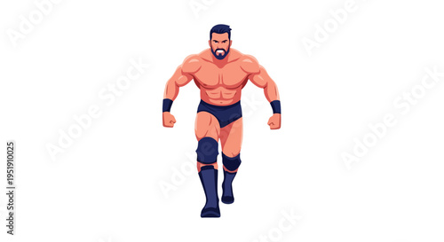 A muscular cartoon man in wrestling attire running forward with a determined expression on a white background.