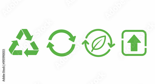 Four Symbolic Green Icons Representing Sustainability and Environmental Responsibility Recycling Arrow Circular Arrow Leaf Sign and Upward Arrow for Eco Friendly Practices and Waste Reduction
