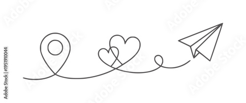 Minimalist black and white line of location heart and paper airplane