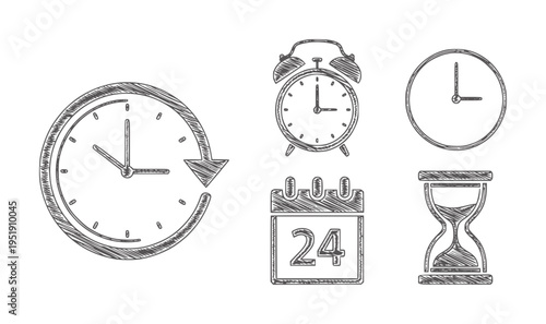 Monochrome hand drawn timekeeping with clock alarm calendar and hourglass