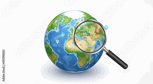Earth globe with magnifying glass.
