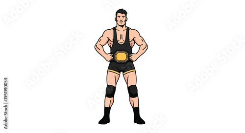 Full-body illustration of a muscular man wearing a black wrestling singlet with a gold championship belt, standing confidently with hands on hips against a plain white background.