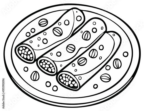 Line Art Illustration of Three Delicious Enchiladas on a Plate with Beans