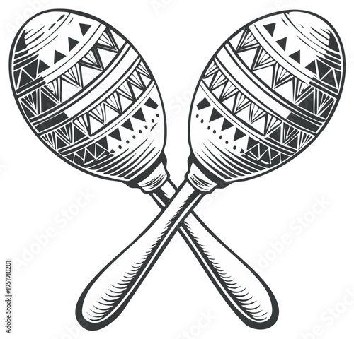 Decorative Wooden Maracas Crossed Together with Traditional Tribal Pattern