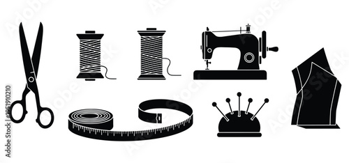 Crafting And Sewing Tools Icon Collection Featuring Black Silhouettes Of Scissors, A Cutting Mat, Ruler, Chalk, And Other Hobby Supplies In A Minimalist Graphic Design
