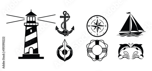 Maritime Nautical Line Icons Vector Set.