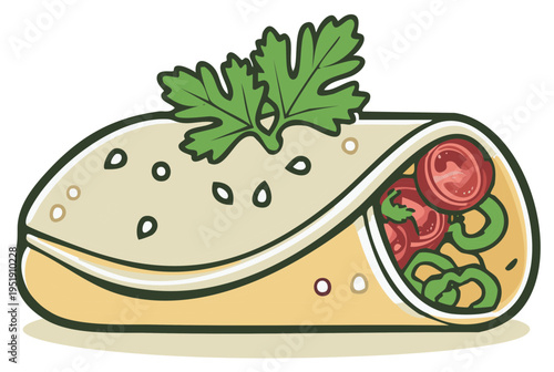 Illustration of a savory wrap with tortilla, green herbs, and sliced red tomatoes for a delicious meal.