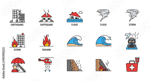 Collection of Natural Disaster Icons Depicting Various Calamities.