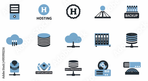 Collection Displaying Database and Hosting Concepts in Blue and Black Tones for Website Projects or Presentation Assets that Require Server and Network Infrastructure Depictions