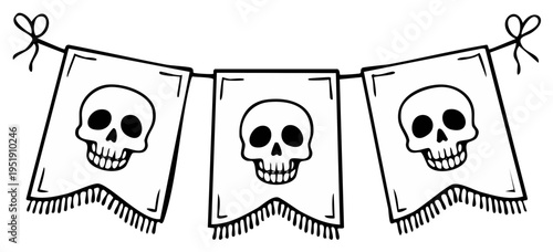 Decorative pennant banner with skull design, black and white line art illustration.