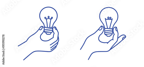 Hand Holding Light Bulb Line Art Set Idea Innovation Concept Minimal Vector Illustration