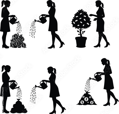 Investment growth silhouettes, coin watering icons, financial nurturing figures, blooming plant design, wealth creation graphic, sustainability posture set, economic development outline