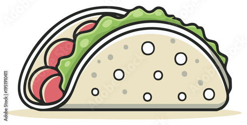 Stylized Cartoon Taco with Lettuce and Meat Filling Delicious Fast Food Icon
