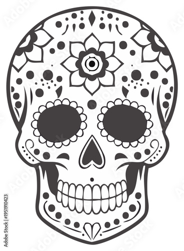 Intricate black and white sugar skull illustration for Day of the Dead celebration