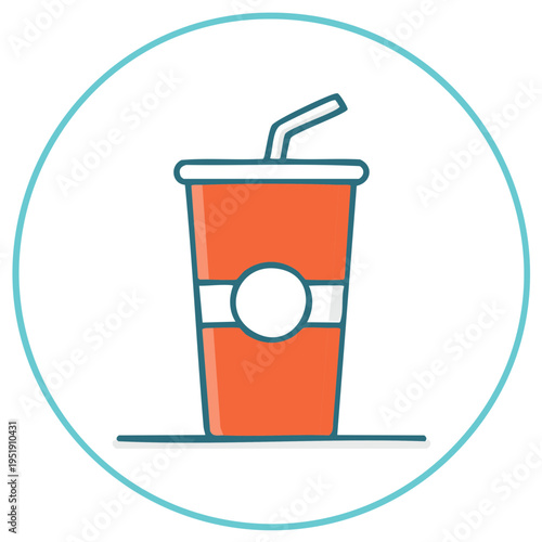 Stylized orange beverage cup with straw and white band