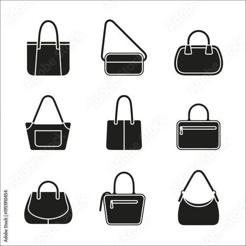 Handbag Icons Female Bag Fashion Accessory Flat Design Woman Purse Shopping Style Luxury Collection Modern Trend Illustration Vector Set