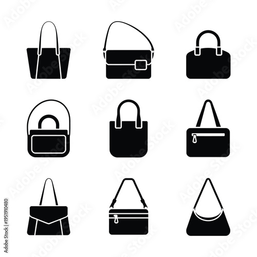 Handbag Icons Female Bag Fashion Accessory Flat Design Woman Purse Shopping Style Luxury Collection Modern Trend Illustration Vector Set