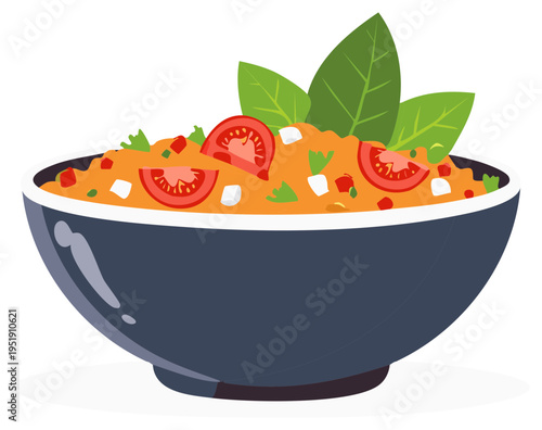 Colorful bowl of fresh salad with tomato slices and basil leaves